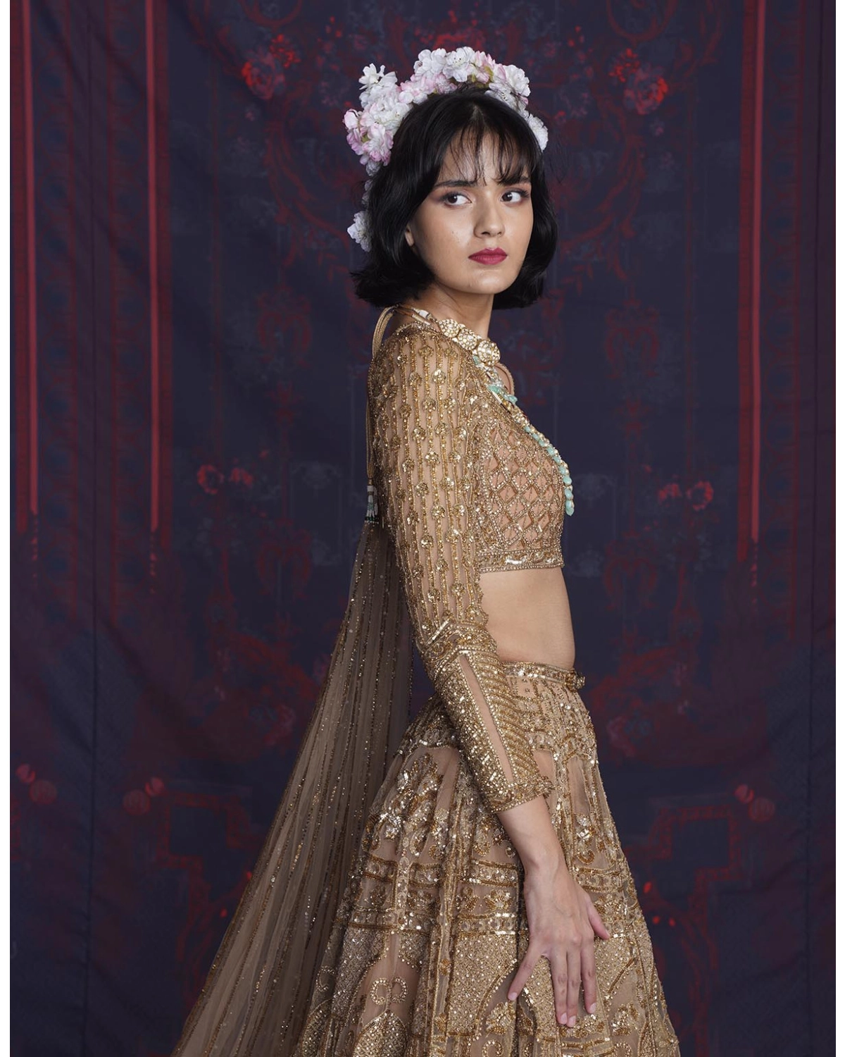 Reyna Golden Lehenga Set With A Full-sleeves Blouse And Dupatta