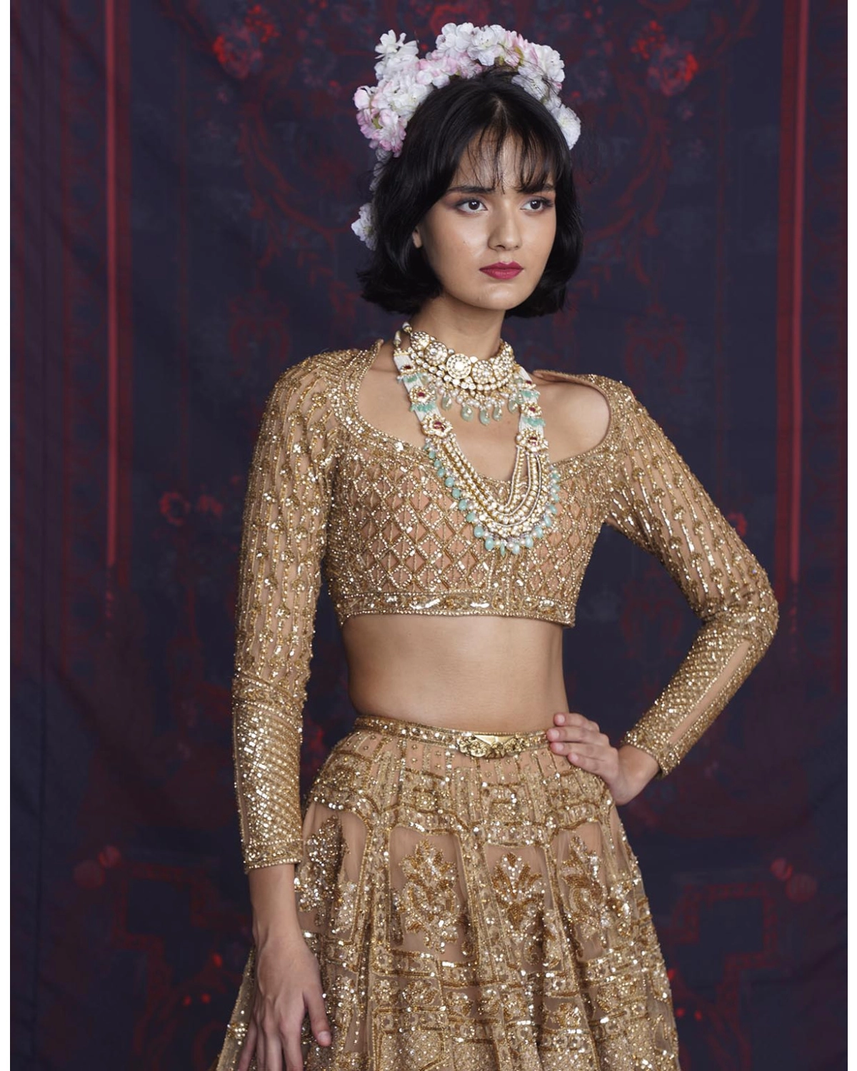 Reyna Golden Lehenga Set With A Full-sleeves Blouse And Dupatta