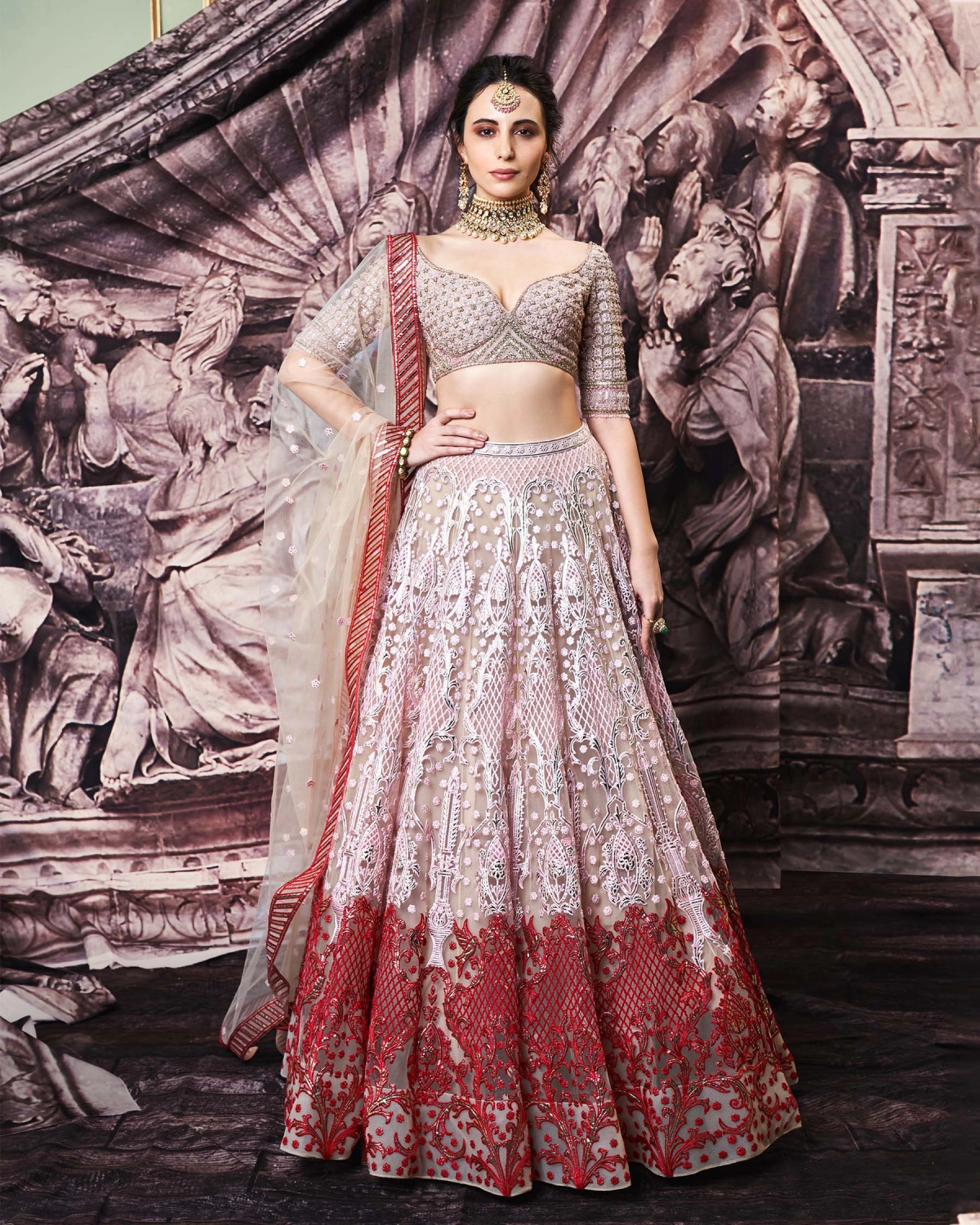 Lisa Beige Tulle And Golden Foil Work Lehenga Set