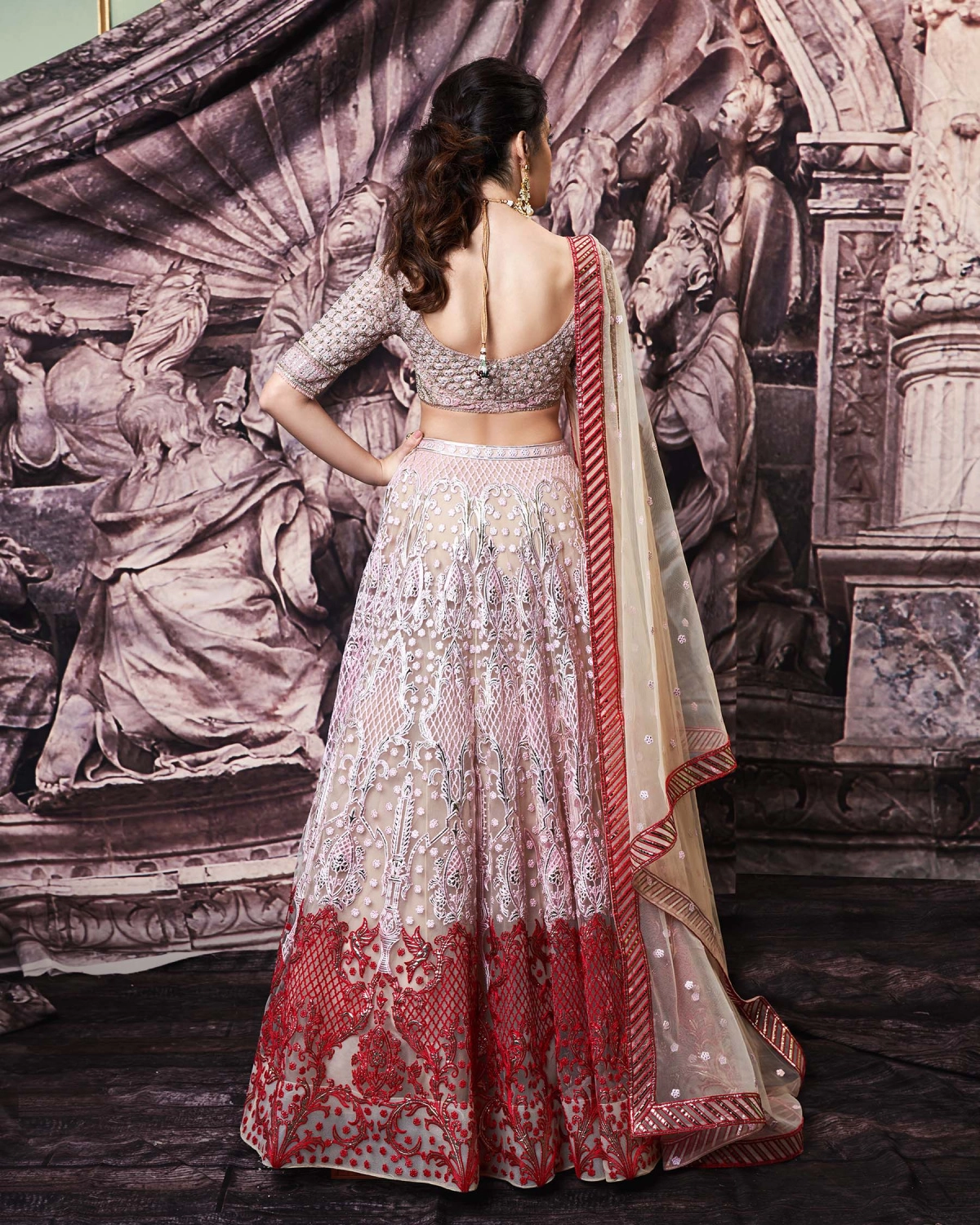 Lisa Beige Tulle And Golden Foil Work Lehenga Set