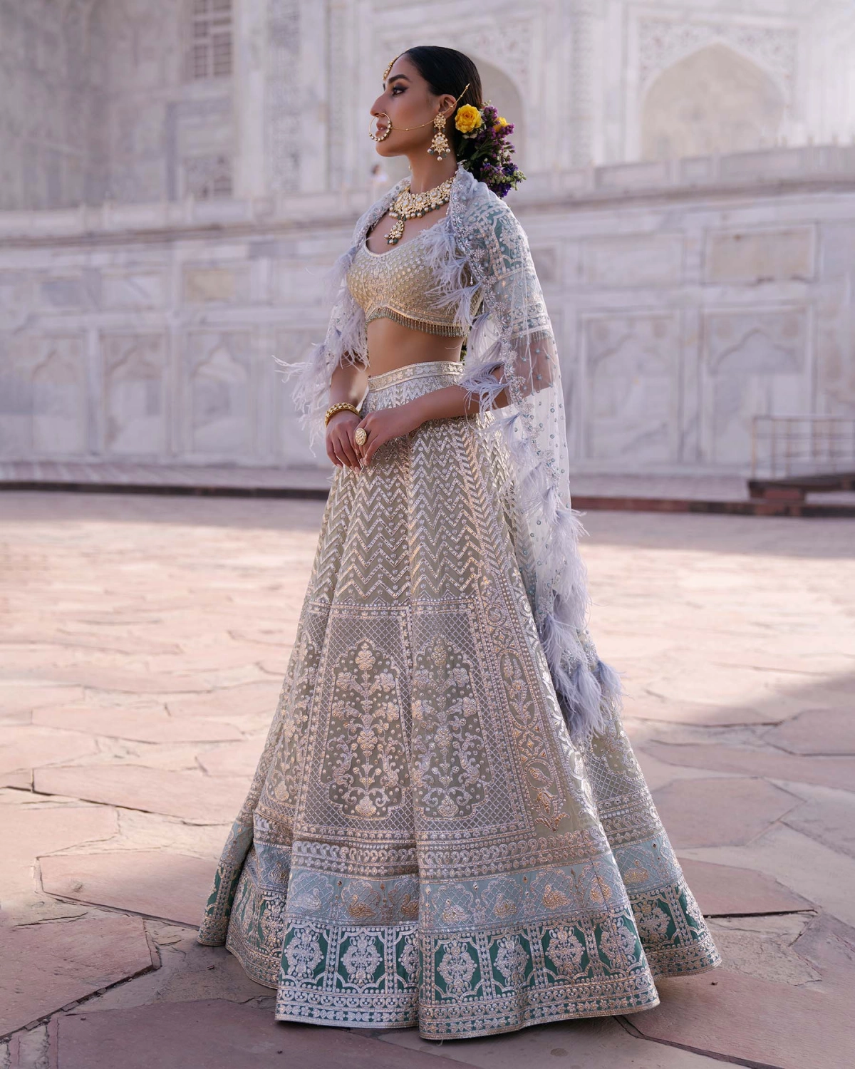 Virginia Light Beige-based, Light Gold Chrome Applique Lehenga Set
