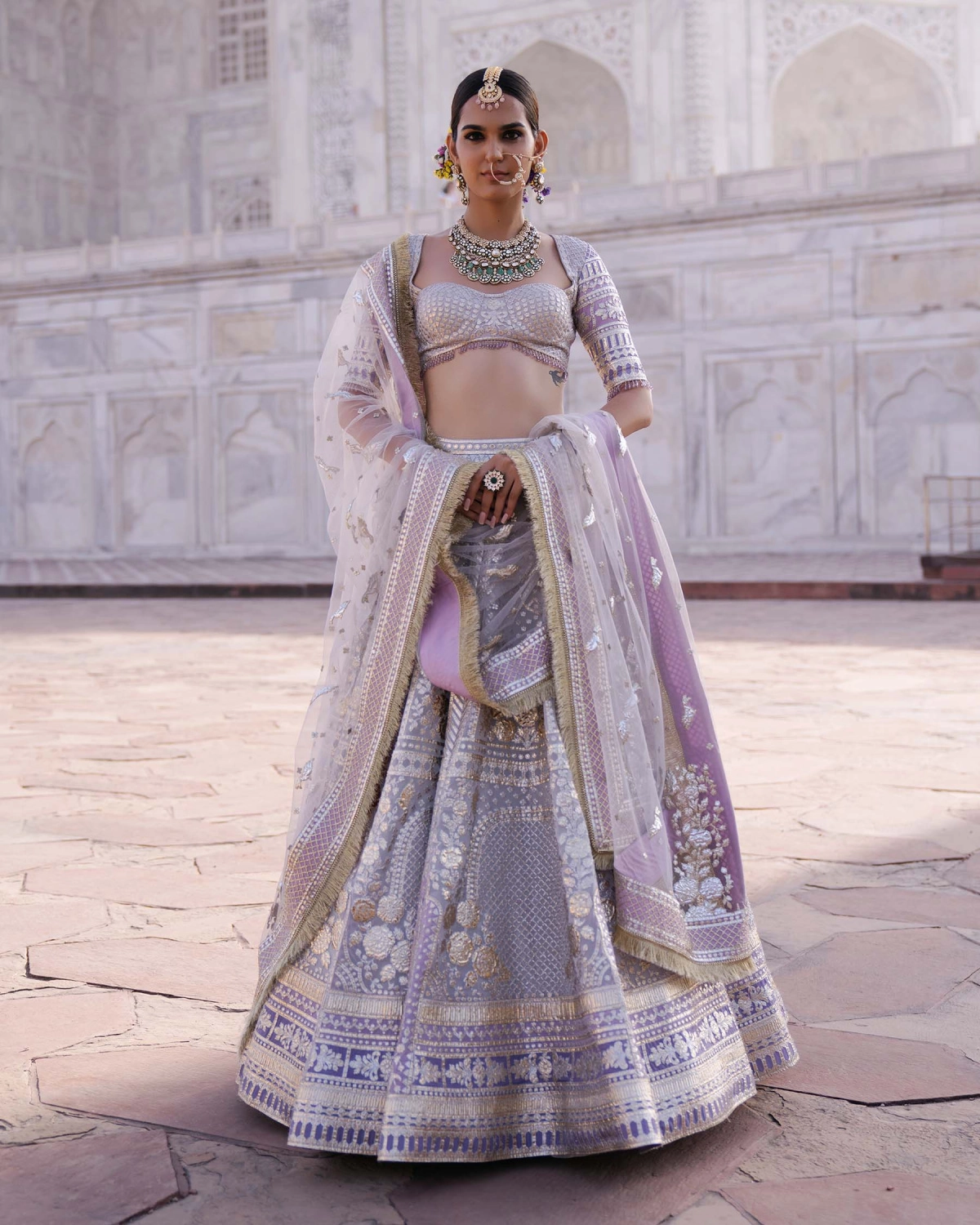 Tiffany Wispy Cloud Grey-based, Golden Chrome Applique Lehenga Set