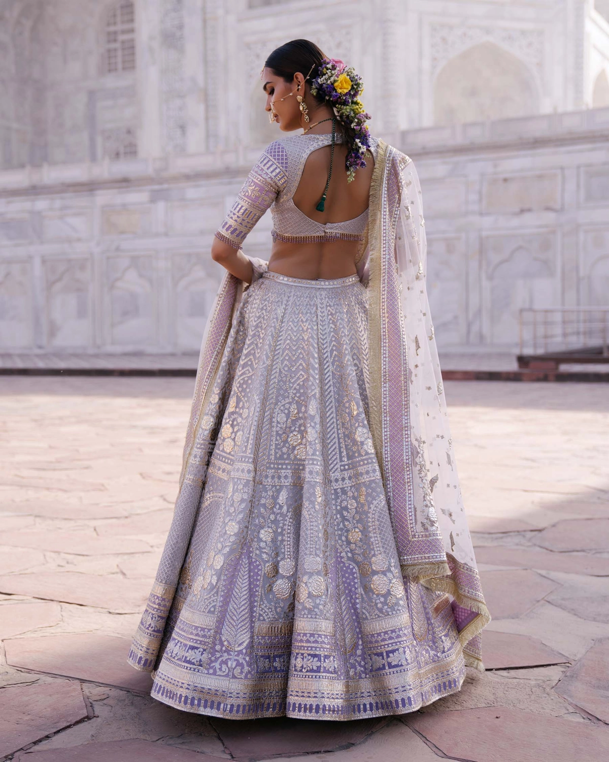 Tiffany Wispy Cloud Grey-based, Golden Chrome Applique Lehenga Set