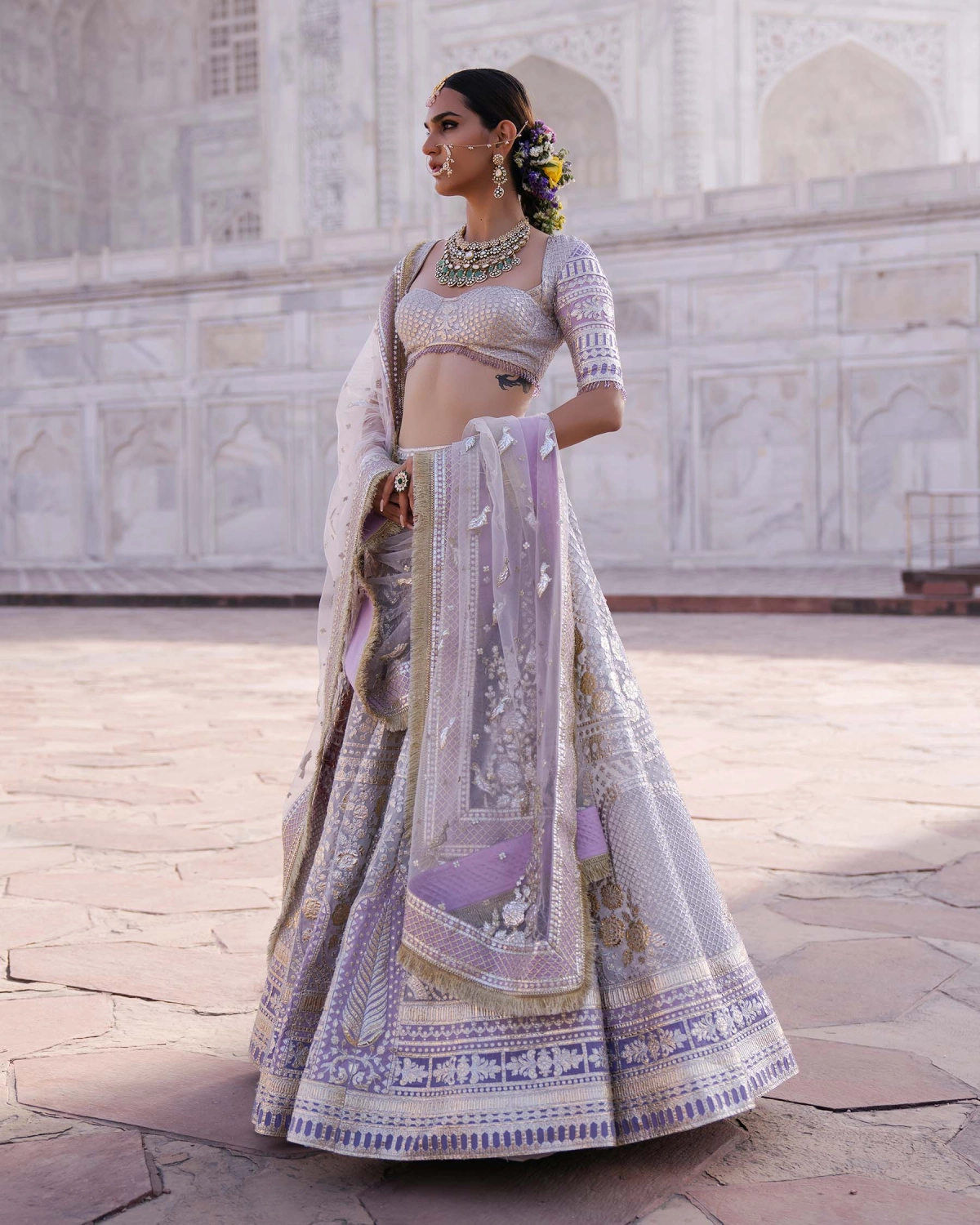 Tiffany Wispy Cloud Grey-based, Golden Chrome Applique Lehenga Set