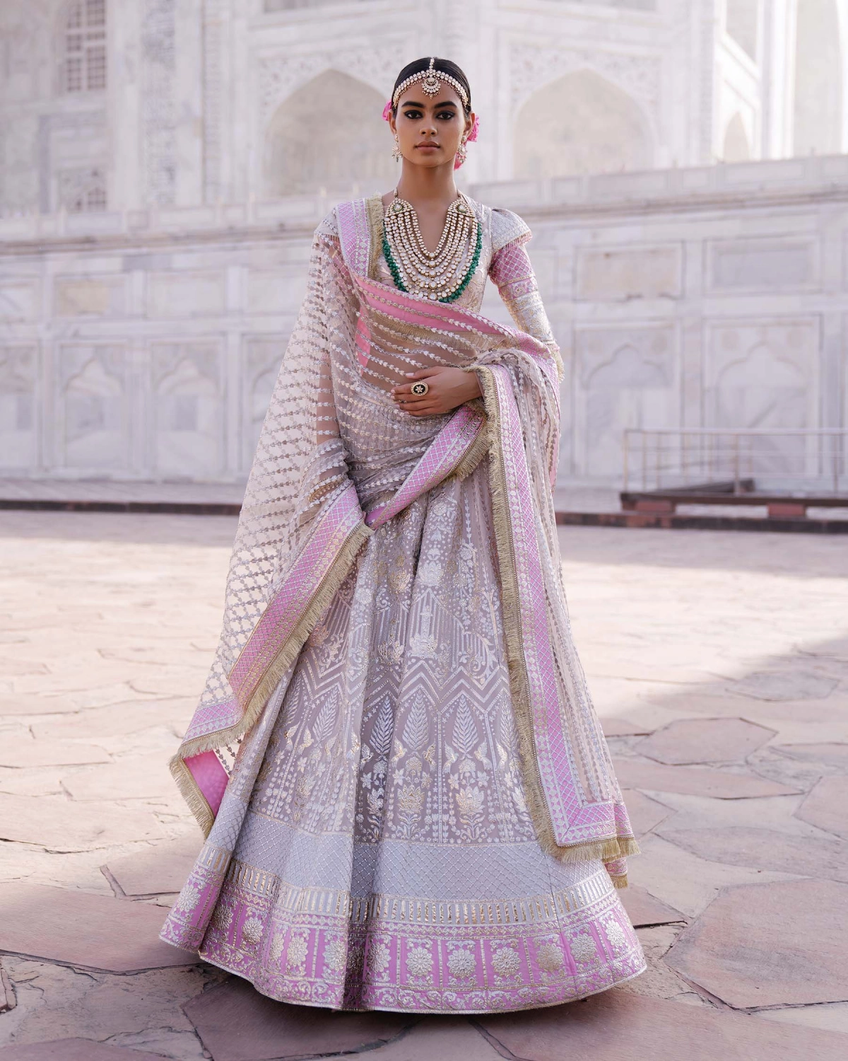Valentina Light Mauve-based, Light Gold Chrome Applique Lehenga Set