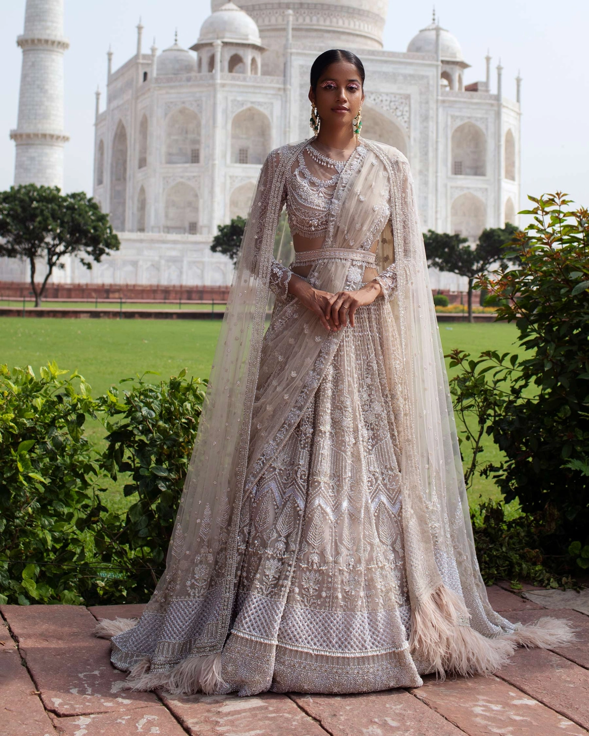Jacinthe Light Beige Lehenga Set Handcrafted With Metal Threadwork