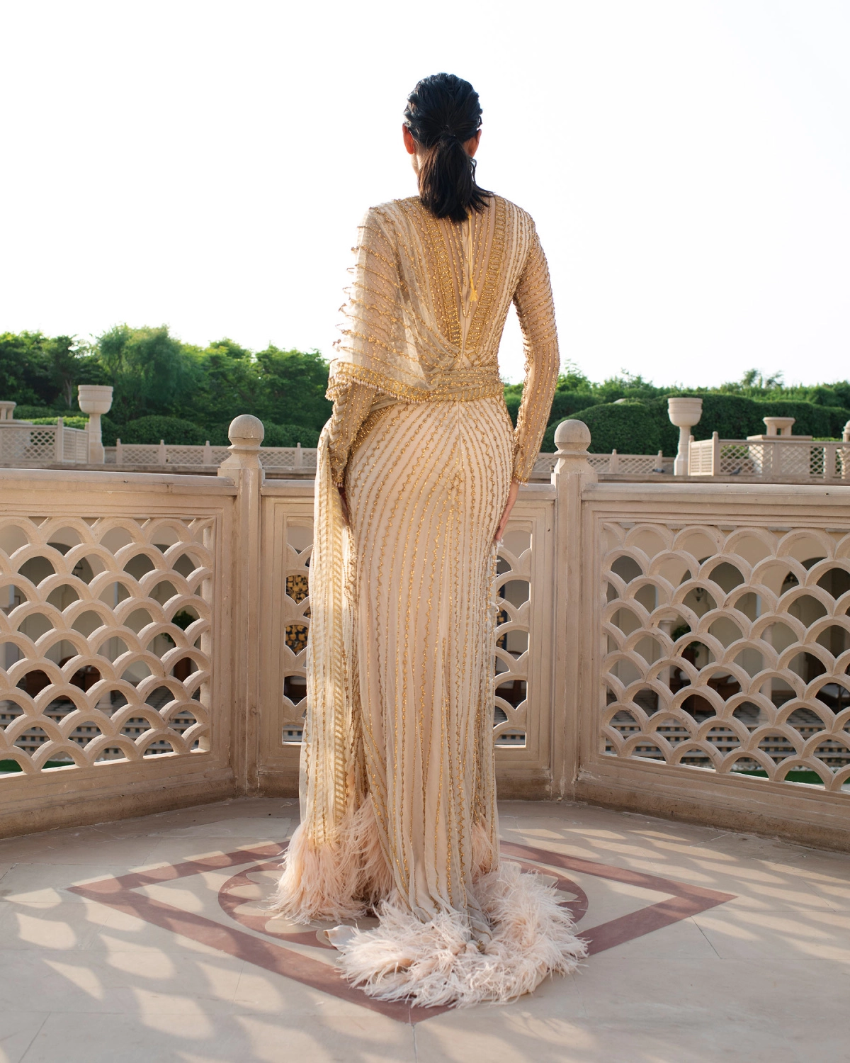 Tempeste Light Beige Saree Gown with Plunging Neckline, Sequins & Crystals