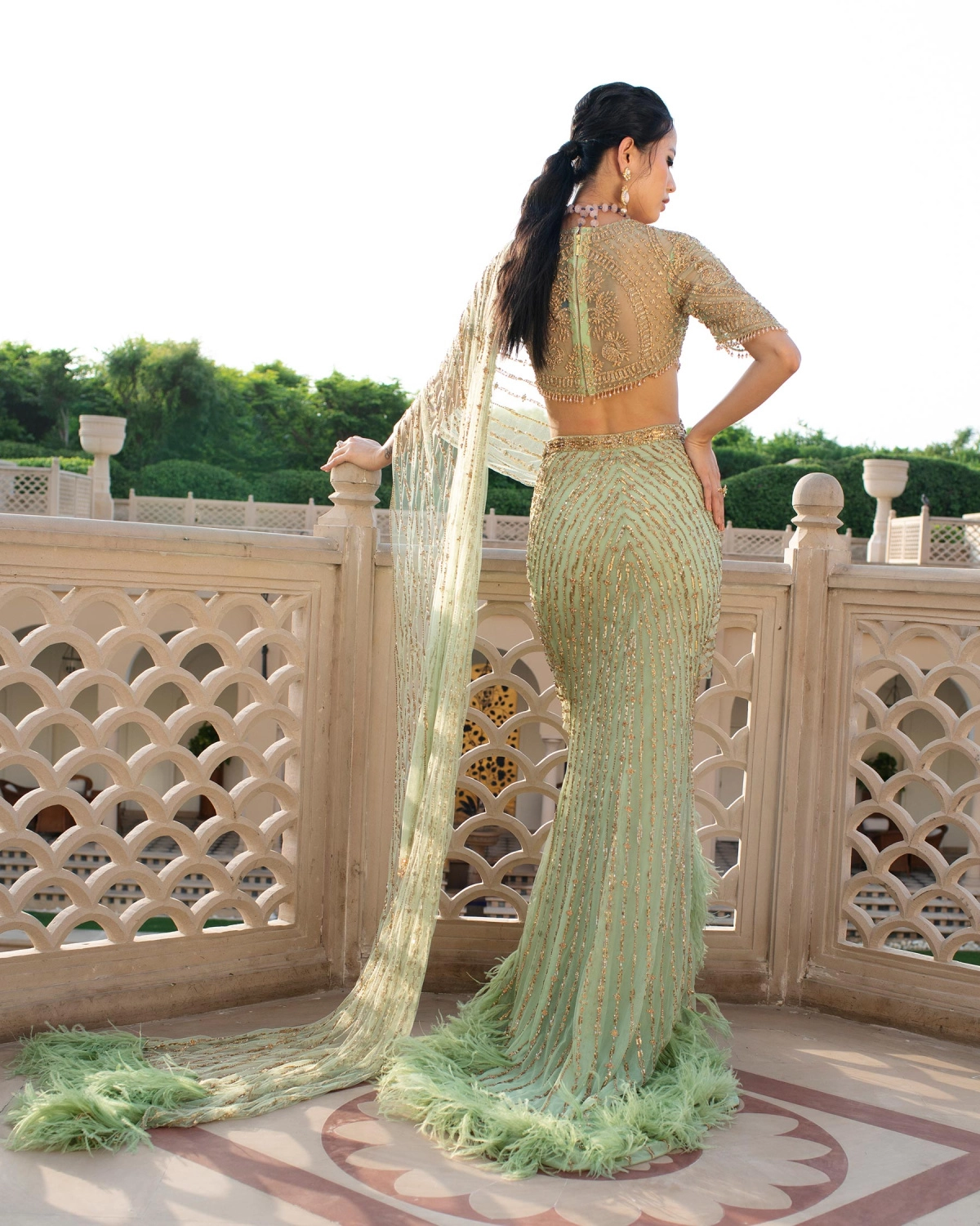 Astrid Pastel Green Handcrafted Saree Gown with Golden Threadwork & Crystals