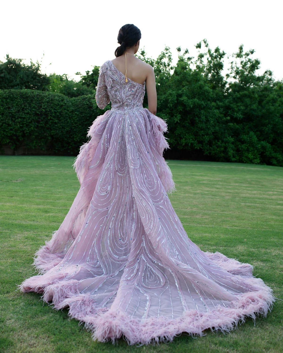 Iris Mauve One-Shoulder Gown with Metal Threadwork & Feather-Embellished Cape