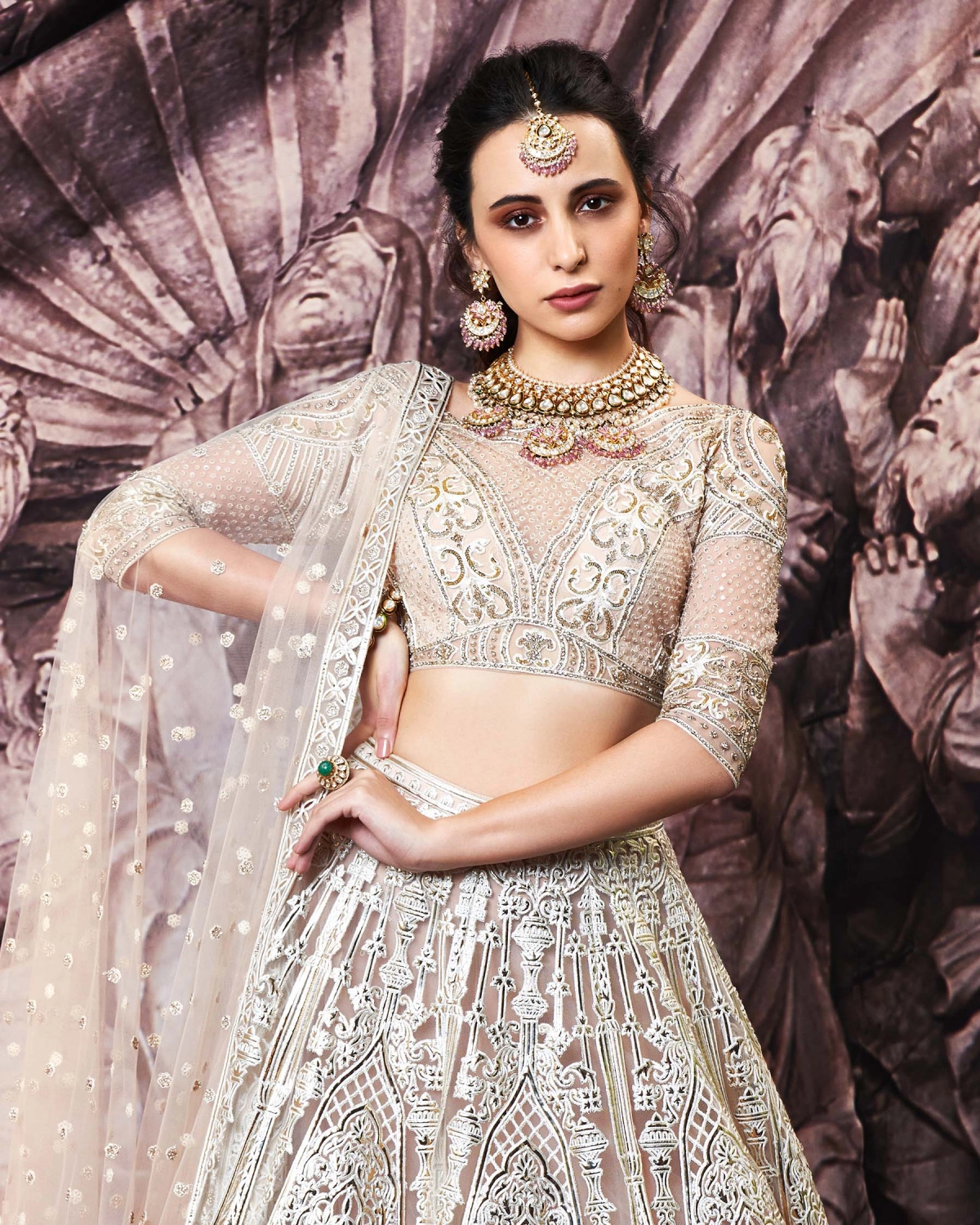 Melanie Beige, Tulle Lehenga Set With Golden Foil