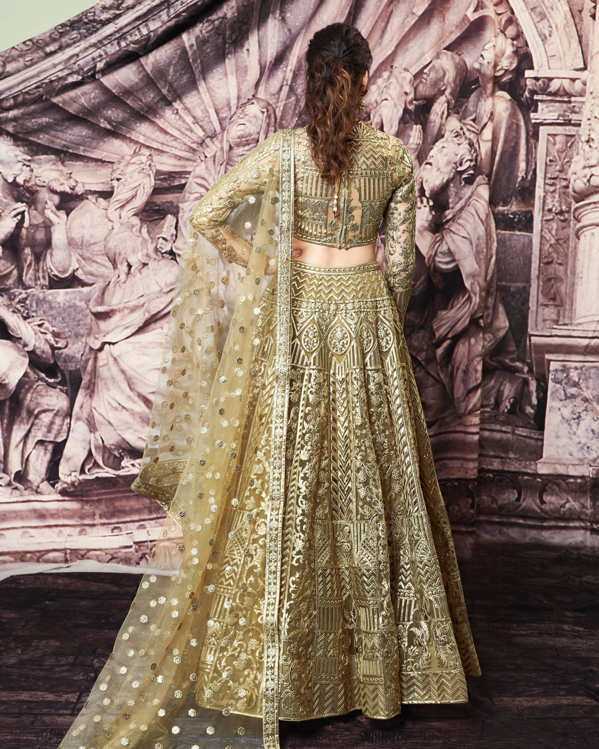 Regina Olive Green, Golden Foil Lehenga Set