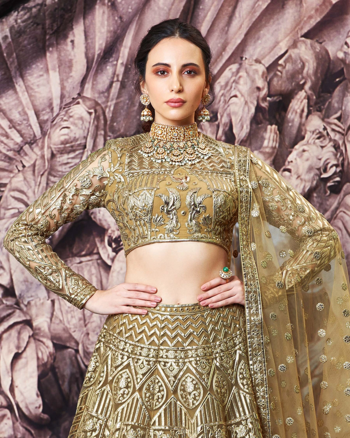 Regina Olive Green, Golden Foil Lehenga Set