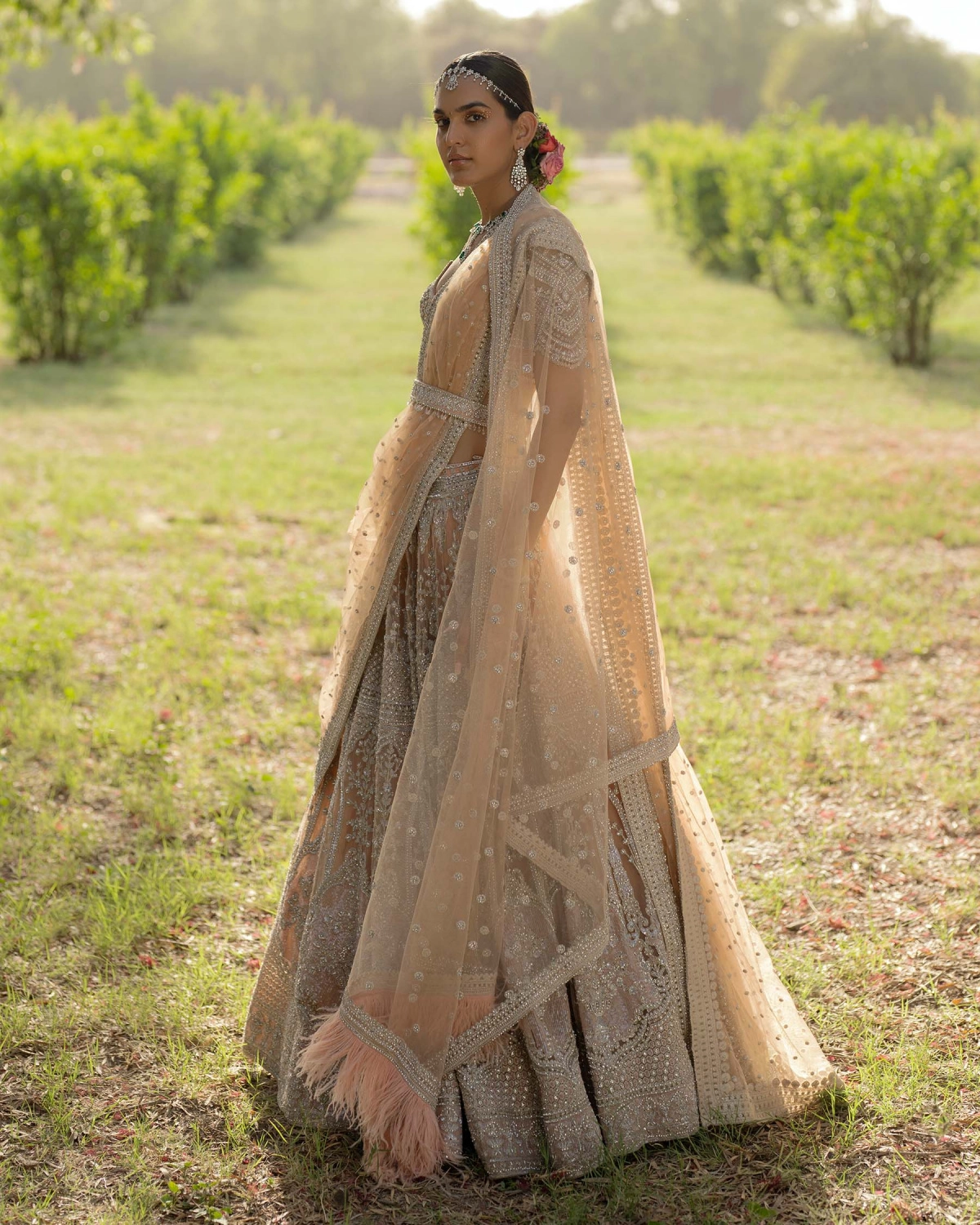 Zuri Light Peach Lehenga Set Encrusted With Crystals