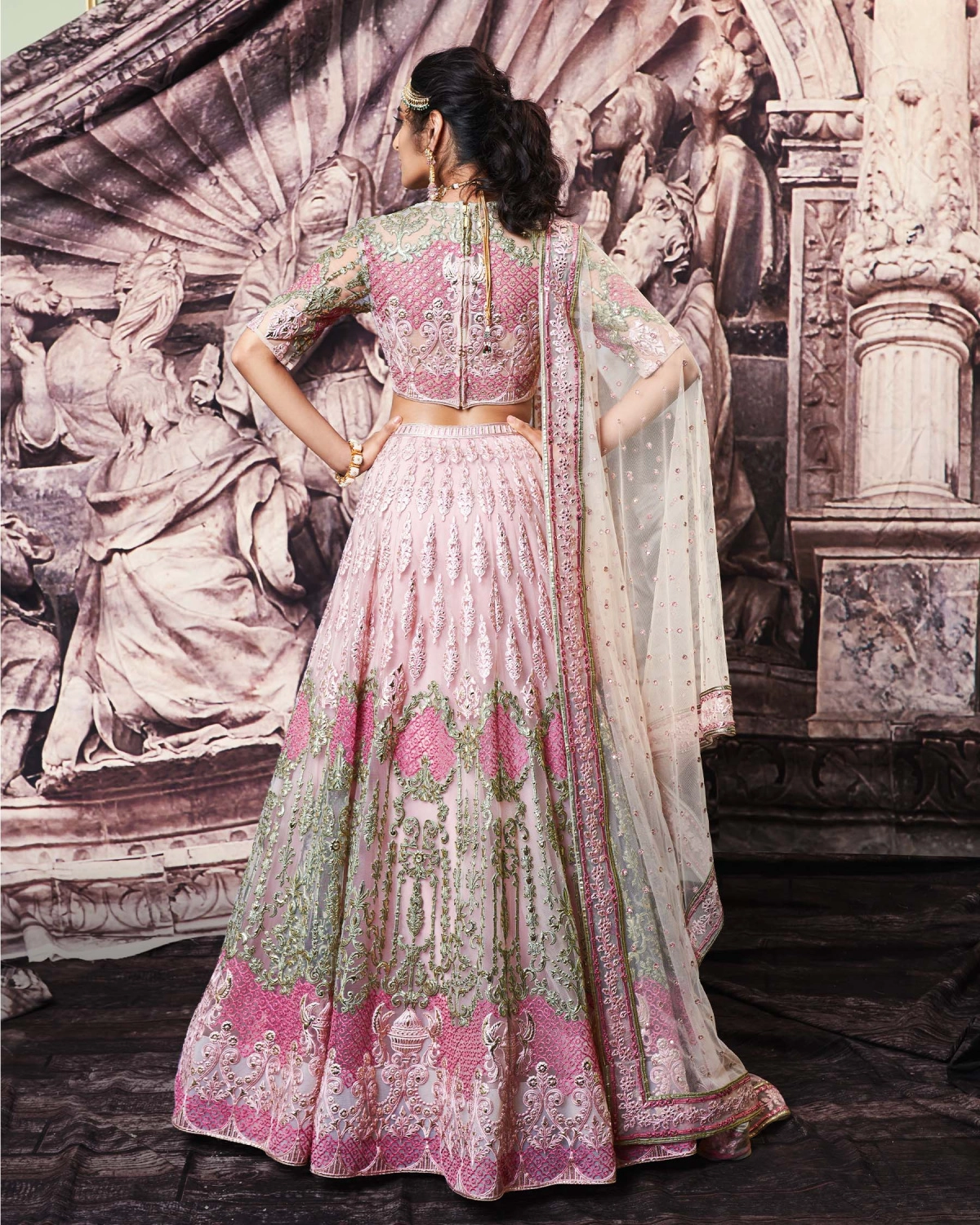Sabrina Golden Foil Lehenga Set With Green And Pink Silk