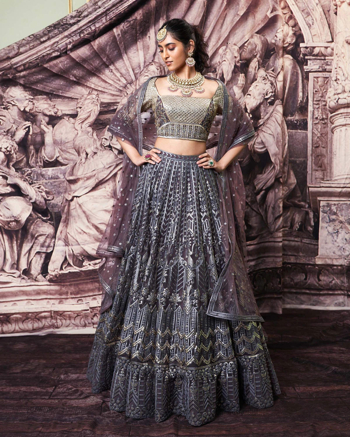 Skye Dark Mauve, Golden Foil Lehenga Set
