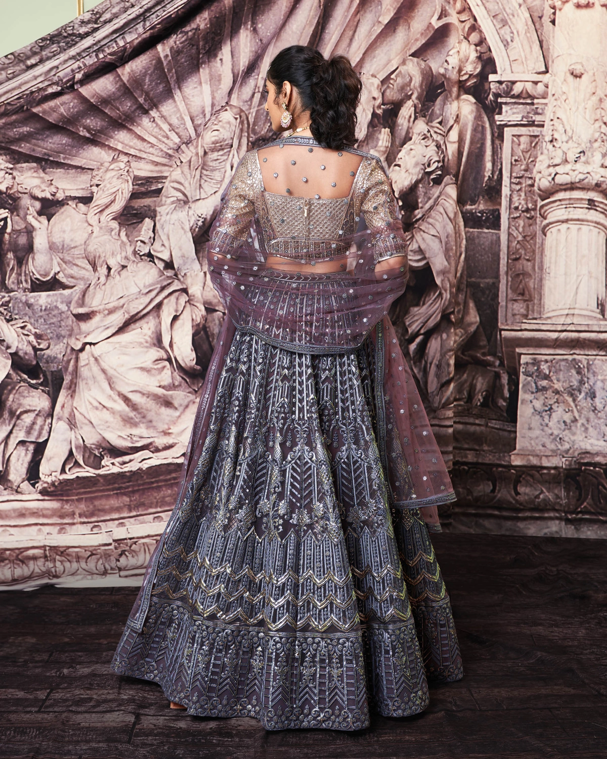 Skye Dark Mauve, Golden Foil Lehenga Set