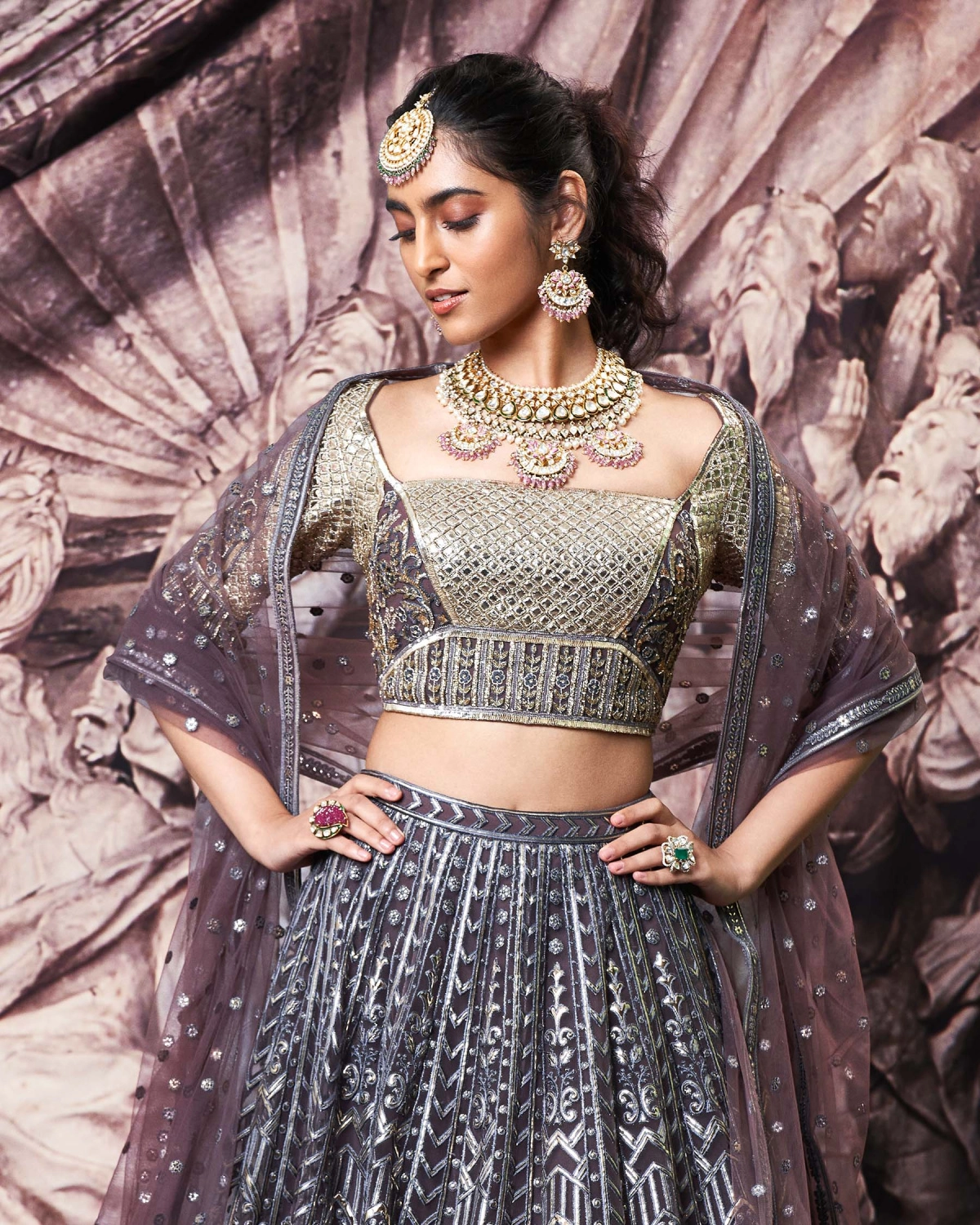 Skye Dark Mauve, Golden Foil Lehenga Set