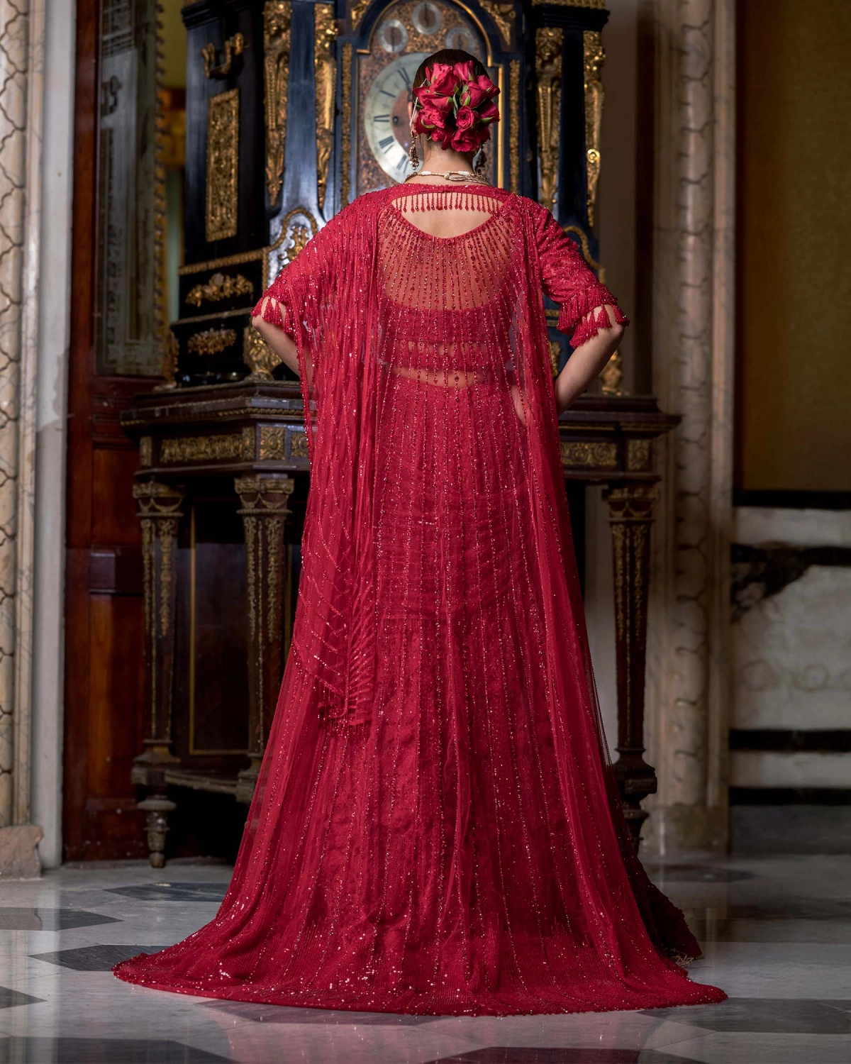 Zelia Fiery Red Lehenga Set With Floral Embroidery & Tassels