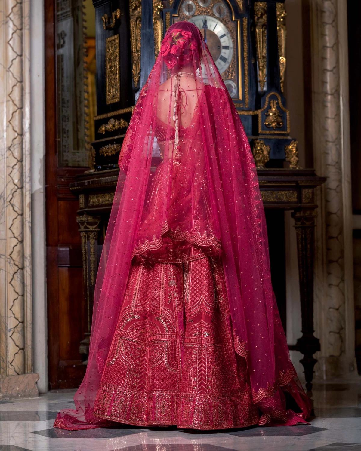 Rochelle Pompeian Red Lehenga Set With Golden Chrome Applique Details