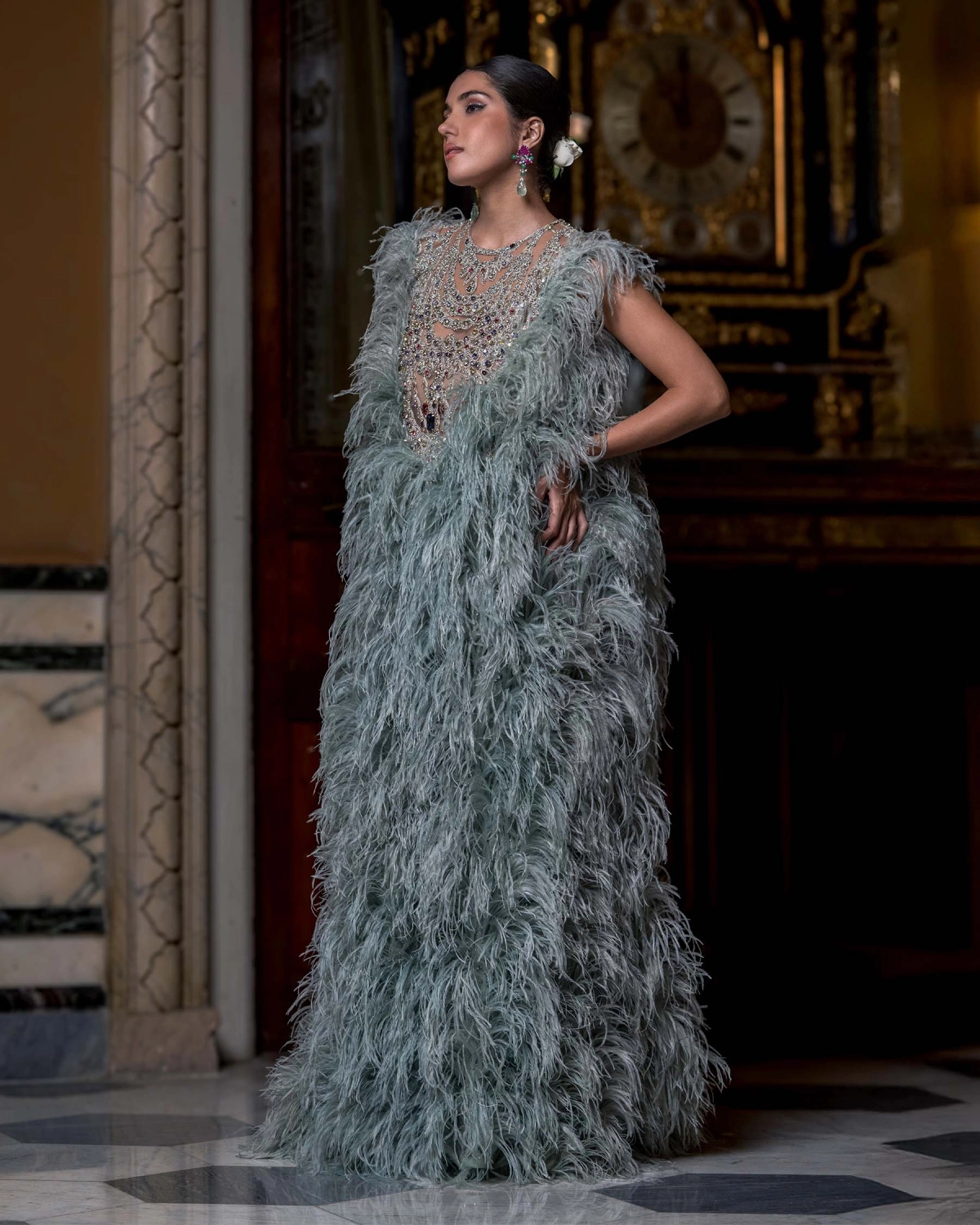 Karissa Blue Turquoise Sheer Strapless Gown with Embellishments