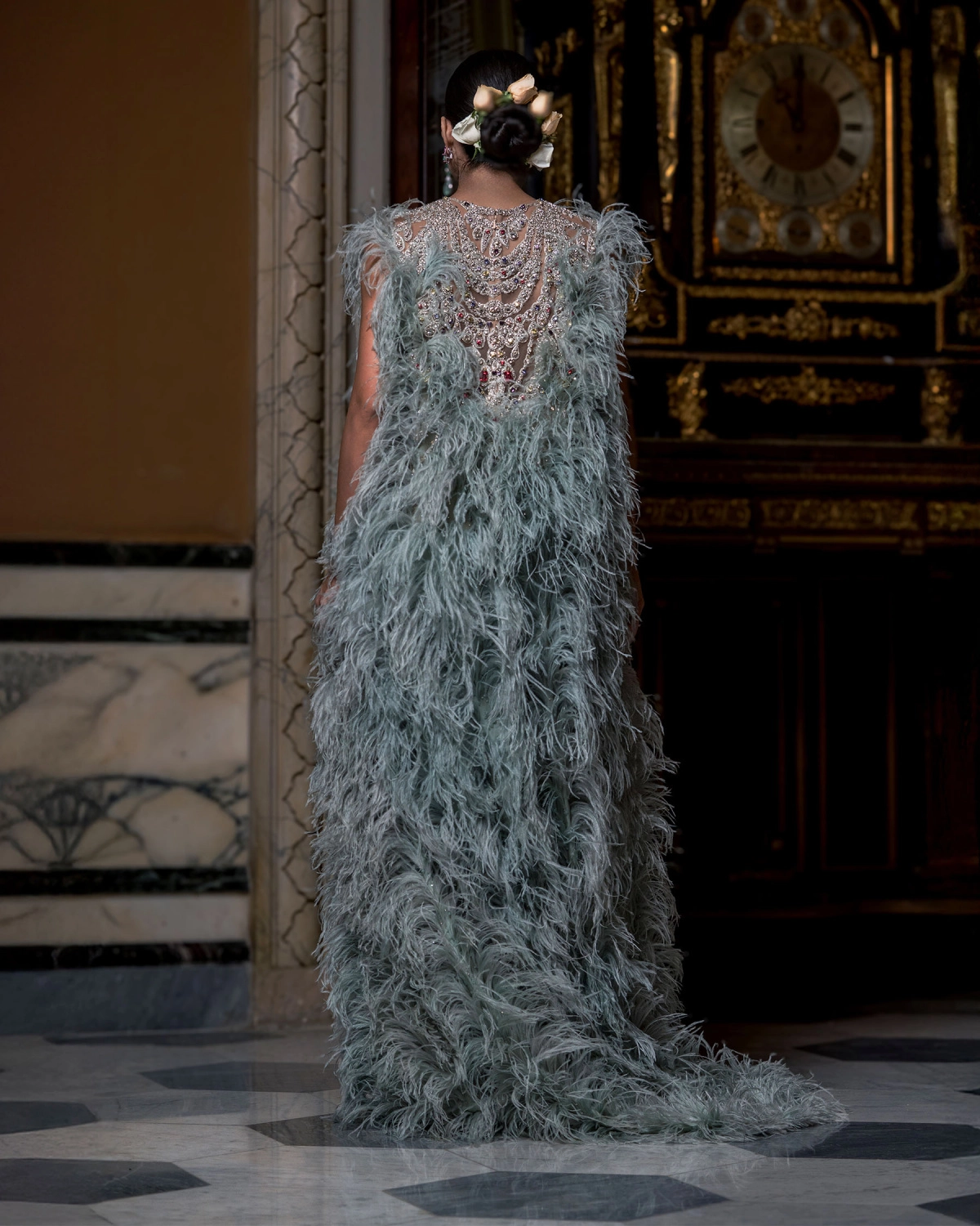 Karissa Blue Turquoise Sheer Strapless Gown with Embellishments