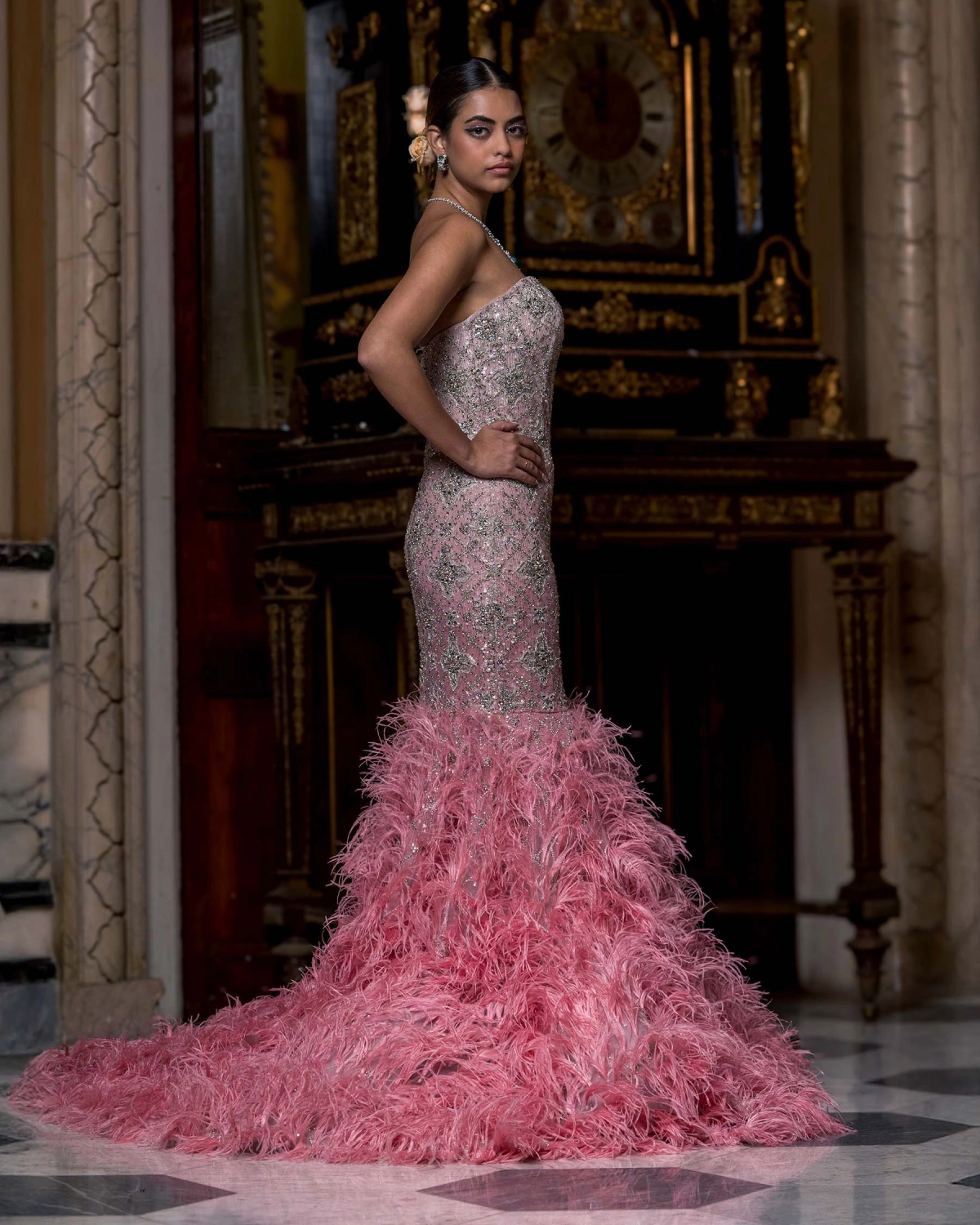 Tiphaine Pink Feather Crystal Mermaid Gown with Embellishments
