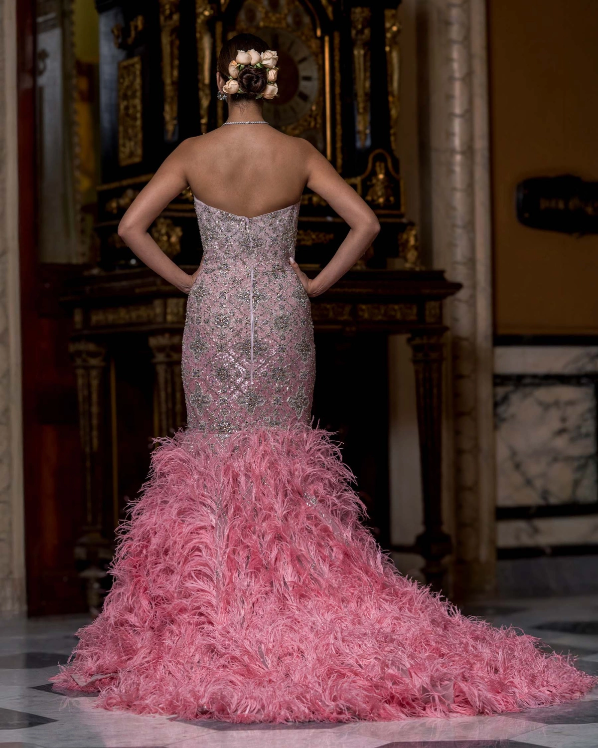 Tiphaine Pink Feather Crystal Mermaid Gown with Embellishments