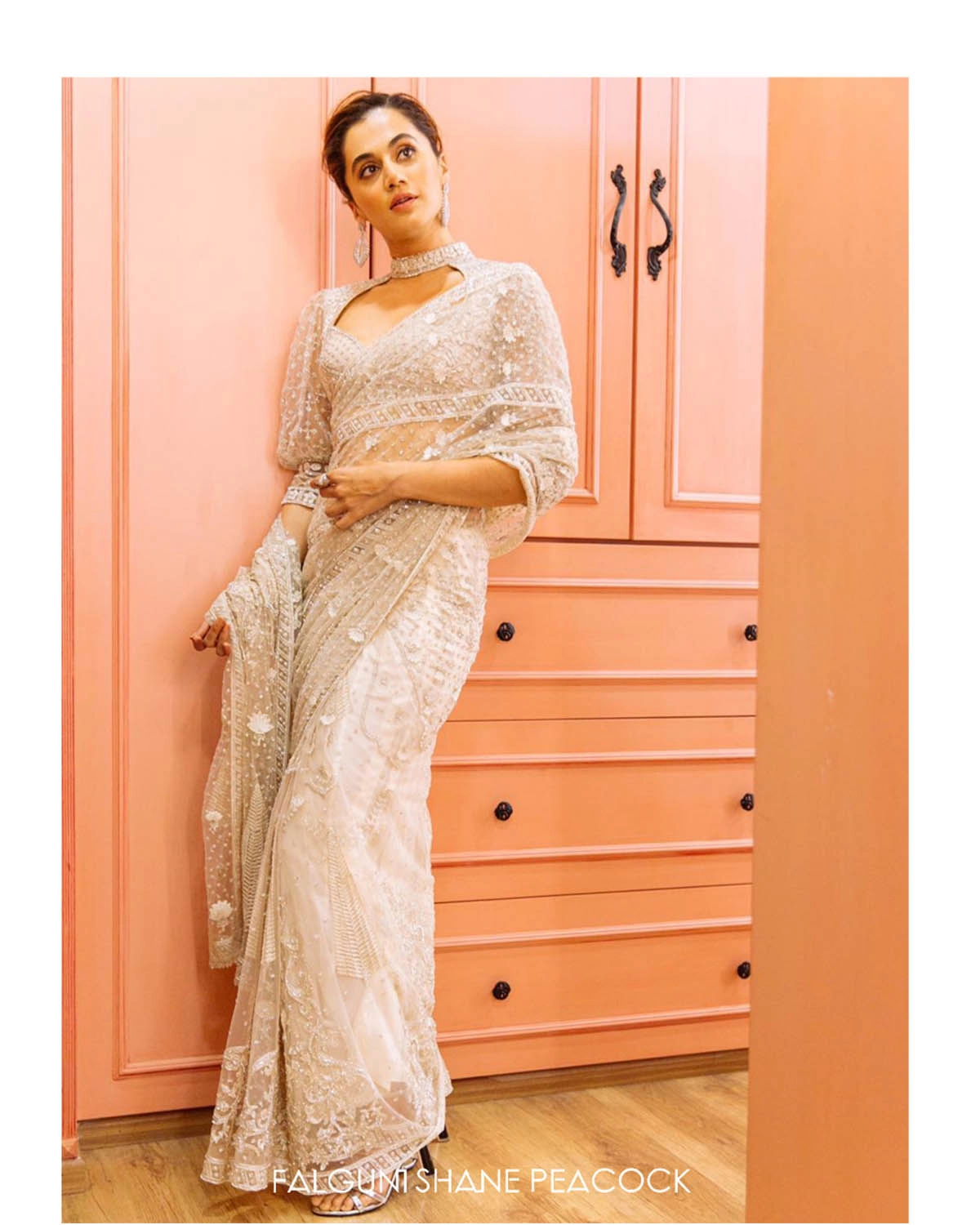 Taapsee Pannu In A Custom Ivory Saree With Handcrafted Blouse.