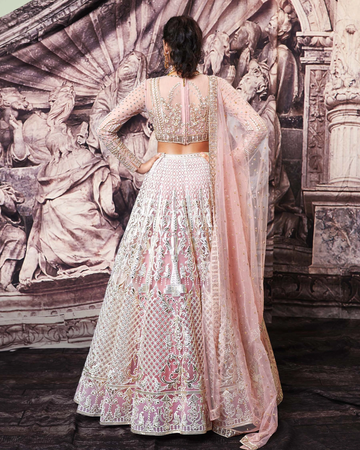 Viviana Beige Lehenga Set With Golden Foil Work